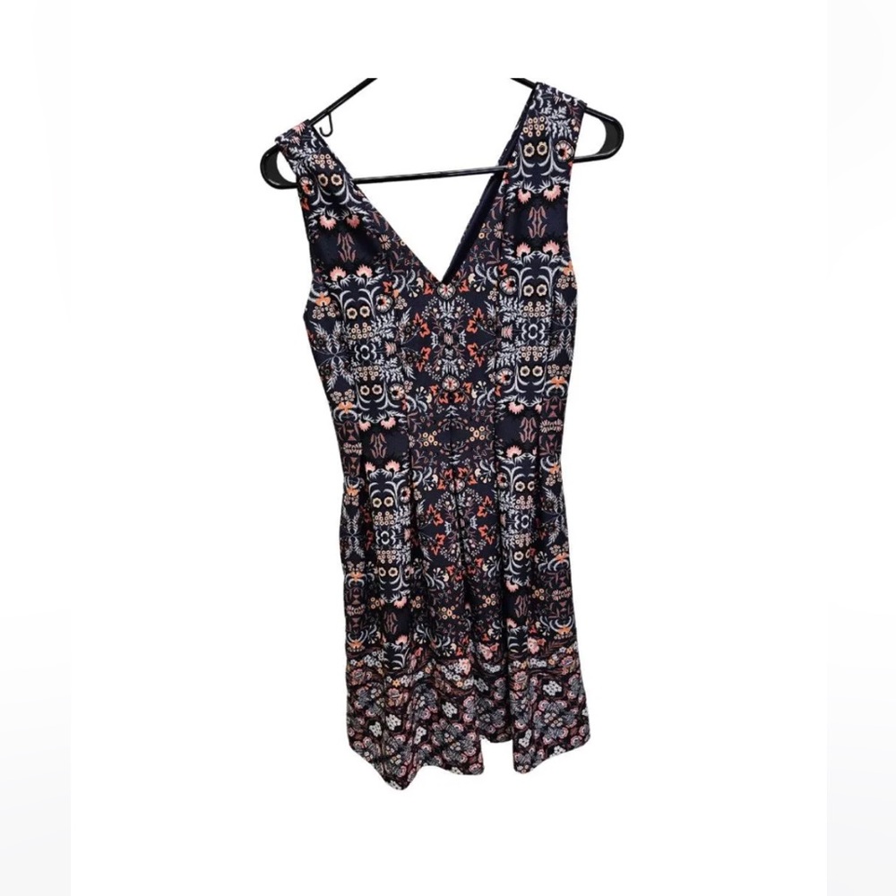 Vince Camuto Pleated Navy Fit and Flare Dress with Floral Print | Blue/Pink